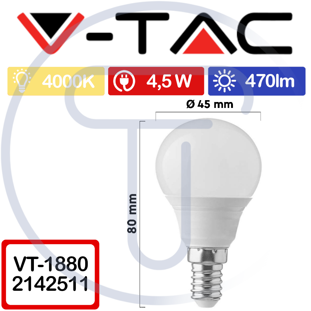 V-TAC VT-1880 2142511 Lampadina LED E14 5,5W P45 4000K luce naturale sfera globo