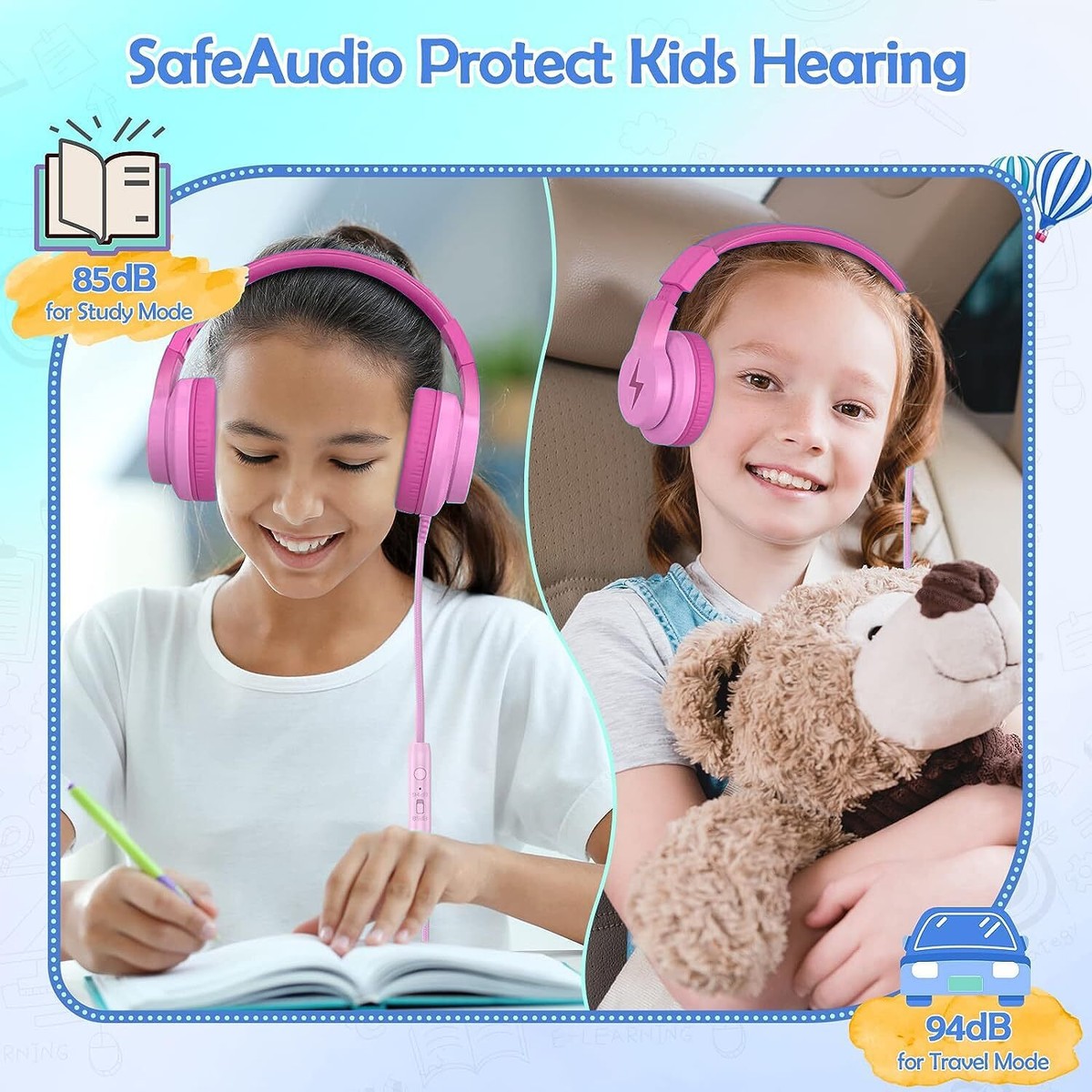 Kids Wired Headphones 85/94dB Volume Limit Mic Foldable