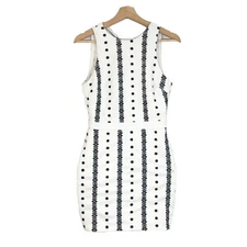English Factory Embroidered Mini Sheath Dress Cutout Pom Pom White Black Sz S