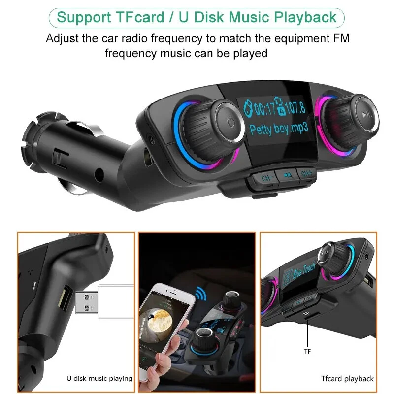 Bluetooth 5.0 Car Adapter Auto Wireless Dual FM/AUX Transmitter Kit MP3 Player - Image 4 of 4
