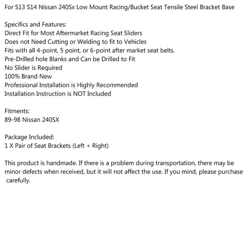 Fit S13 S14 Nissan 240Sx Low Mount Racing/Bucket Tensile Steel Bracket Base EMS - Picture 10 of 12