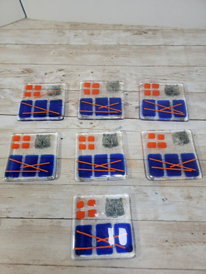 Lot of 7 Art Glass Drink Coasters Orange Blue Geometric Tiger Stamped MCM Pads