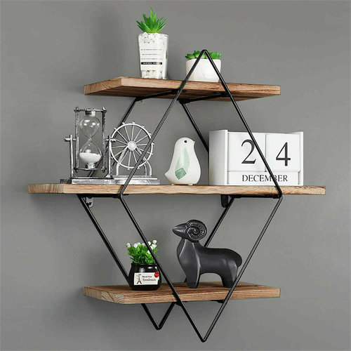 3 Tier Rustic Floating Wall Shelves Wall Mounted Wood Shelf Black Frame Shelving - Picture 5 of 7