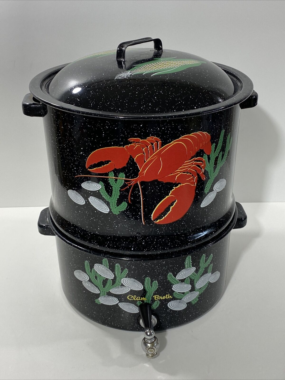 Vintage Speckled Black Enamel Savory Steamer Pot Lobster Clams Corn with Spout 100% nowy, obfity