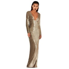 NEW, HOUSE OF CB 'Marreo' Long Sleeve, Metallic Bronze, Split, Long Dress, XS