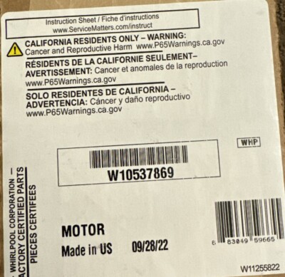 New OEM Whirlpool Dishwasher Drive Motor W10537869