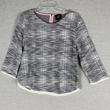 Anthropologie W5 Tweed Top Womens M Gray Pink 3/4 Sleeve Fringe Boho Blouse
