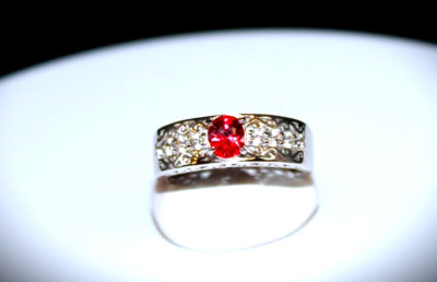 Red BE Heated Sapphire, White Topaz, Sterling Silver Ring, Sz 7