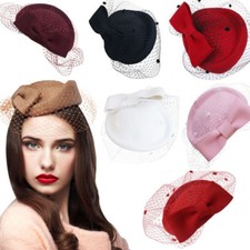 Retro Womens Dress Fascinator Wool Felt Pillbox Hat Party Wedding Bow Veil A082