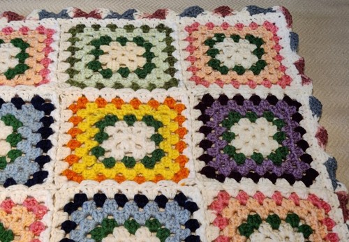 VTG Multicolored Granny Square Handmade GrannyCore Blanket Throw 38x38 Cottage - Picture 8 of 11