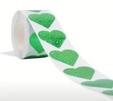 500 pcs Sticker Seals Roll Sparkly Shine Green Heart Foil Self Adhesive NEW 
