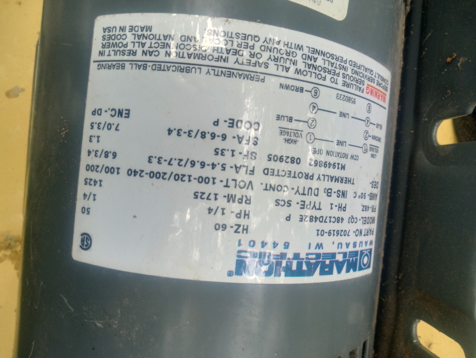 Marathon B303 Electric Motor 1/4 HP 1725 Rpm 1PH 115 Volt 48Y Frame