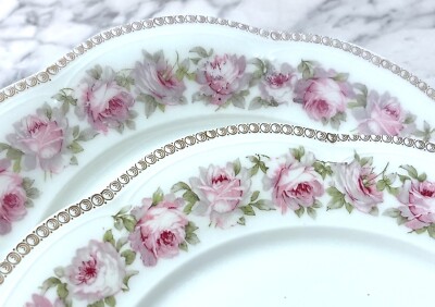 2 Z.S. & Co Mignon 9.75'' Scalloped Dinner Plates Pink Rose Wreath Bavaria 1890's
