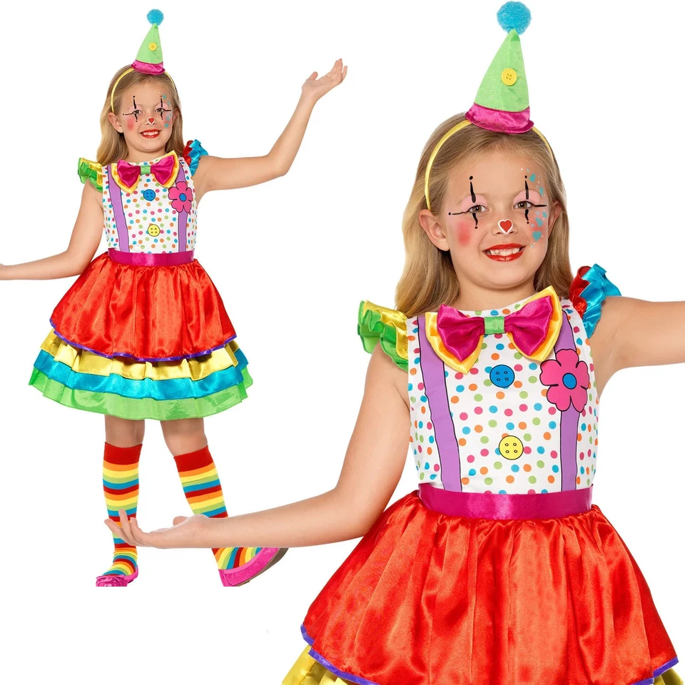 Mädchen Deluxe Clown Kostüm & Hut Zirkus Welt Buch Woche Tag Faschingskleid S-L - Bild 1 von 2