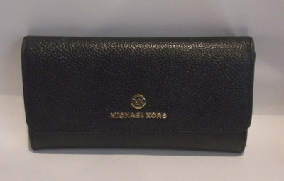 Michael Kors, Black Pebbled Genuine Leather,Fold Over Snap Flap Clutch Wallet