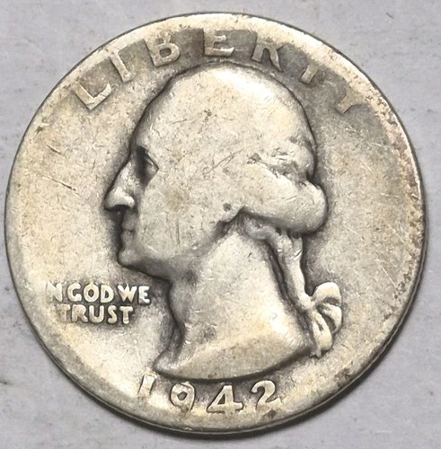 1942D Washington Silver Quarter. Good Condition.
