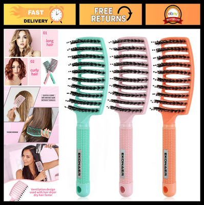 3 Pack Vented Quick Dry Detangling Hair Brush Set - Boar Bristle, Curved, for Al