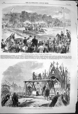 Alter antiker Druck 1864 Steeplechase Madrid Pferde Kirche Stutgard Germany 19.