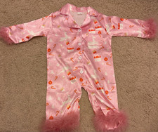 Girls Pink Satin Christmas One-Piece Pajama 0-6M Faux Fur Trim Button LS
