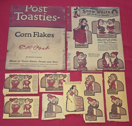 POST TOASTIES 1938 Cereal Box cut outs Walt Disney SNOW WHITE & 7 DWARFS uncut