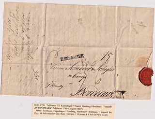 1799 Transit Brief DAENNEMARK über Hamburg nach Bordeaux Weinhandel m Inhalt