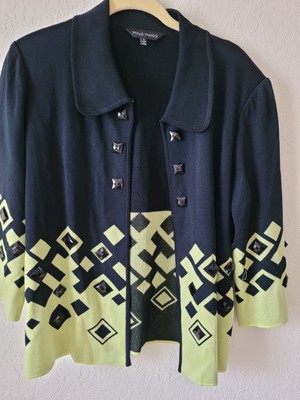 Ming Wang Open Front Cardigan Sweater  Lime Green & Black Embellished Lg Mature
