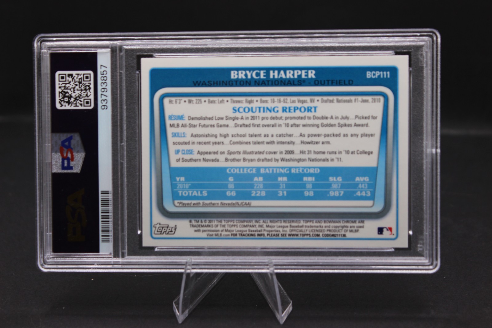 Bryce Harper 2011 Bowman Chrome Prospects #BCP111 PSA 9 Nationals Baseball view 2