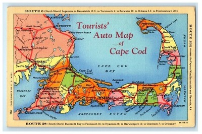 1939 Tourist's Auto Map Of Cape Cod Massachusetts MA Posted Vintage Postcard