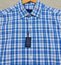 David Donahue Dress Shirt Men Large Blue Plaid Regular Fit Long Sleeve Button Up