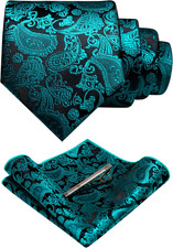 Mens Solid Color Paisley Necktie and Pocket Square with Tie Clip Sets