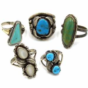 Southwest Signed Turquoise Mother Of Pearl Size 4.5-9.75 Rings Lot of 5 #S5483-3