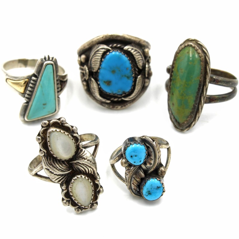 Southwest Signed Turquoise Mother Of Pearl Size 4.5-9.75 Rings Lot of 5 #S5483-3