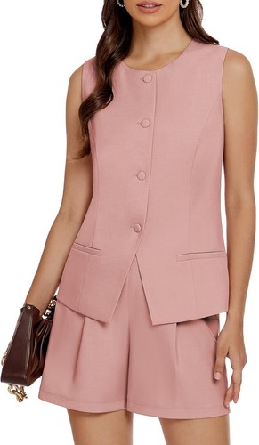 Women's 2 Piece Blazer Suit Set Summer Business Matching Sets Crew Vest Shorts - Picture 53 of 70