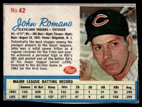 1962 Post Cereal #42 John Romano EX Condition - 第 1/2 張圖片