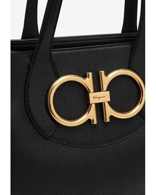 SALVATORE FERRAGAMO Maxi Gancio Black Leather Tote Bag