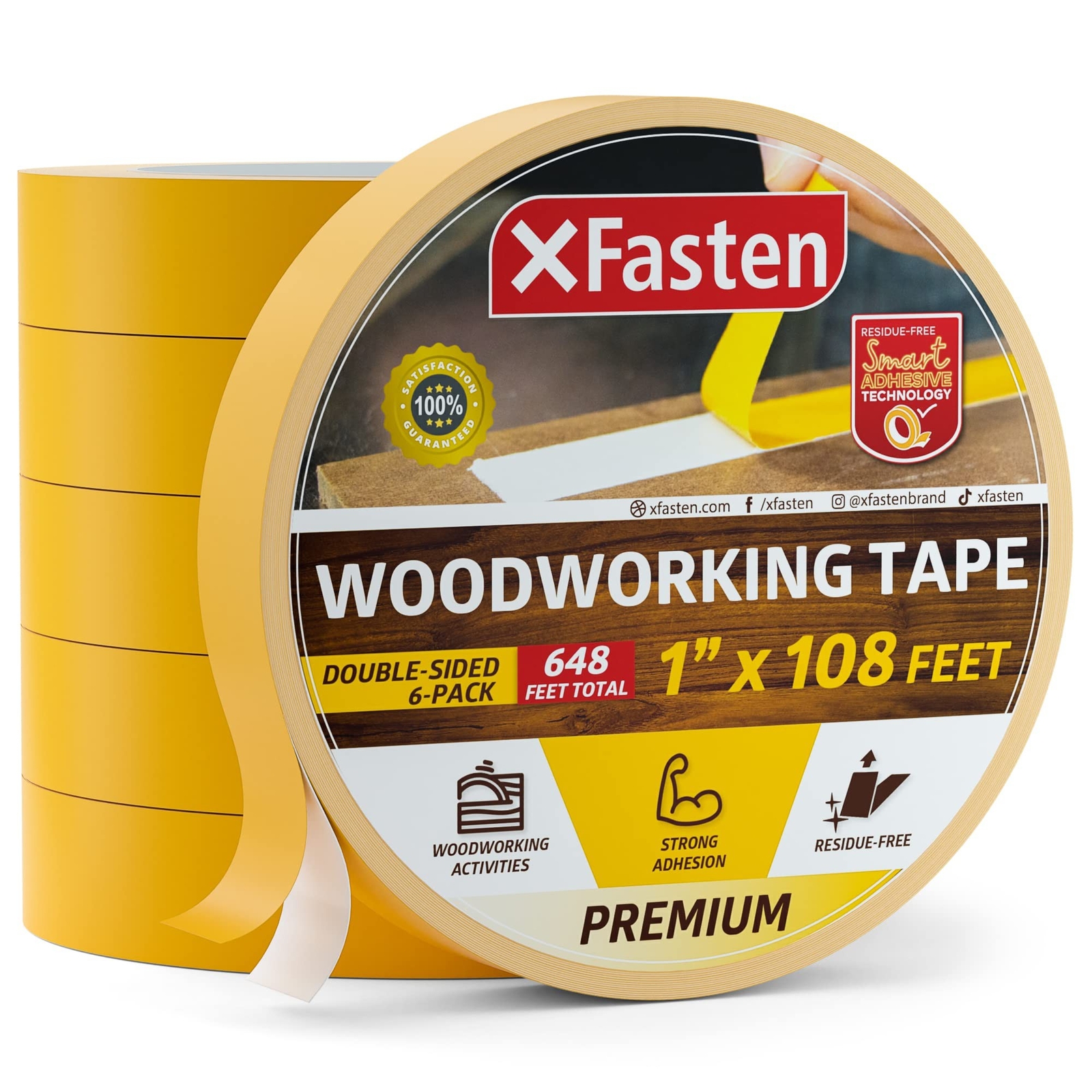 XFasten Double Sided Tape Woodworking Tape 1-Inch x 36-Yards, 6-Pack Double S...