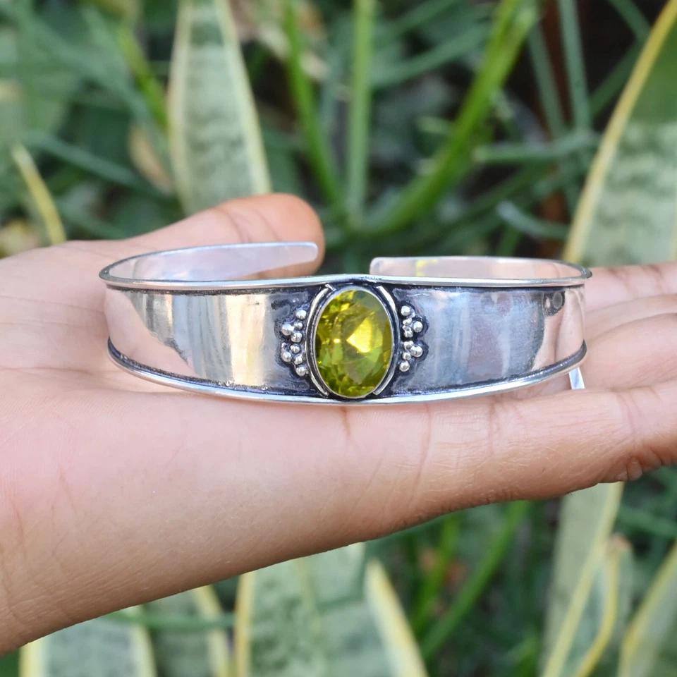 Faceted Peridot Gemstone Bangle 925 Sterling Silver Bracelet For Casual Occasion - Image 3 of 4