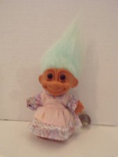 Russ Troll Doll 4" Vintage Paisley Print Dress Apron Light Blue Hair Brown Eyes