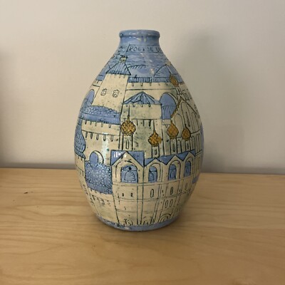 handmade ceramic vase pottery East European City Blue / Yellow 11 