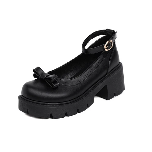 Zapatos de salón Lolita gruesos de tacón bajo Mary Jane con hebilla y punta redonda con moño para mujer - Imagen 9 de 16