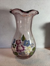 VINTAGE FENTON HAND-PAINTED AMETHYST FLORAL PURPLE RUFFLED ART GLASS VASE 8 "