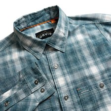 Orvis Troutbum Mens Medium Blue Plaid Long Sleeve Polyester Button Up Shirt