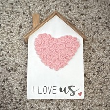 Decor House Shaped Wood Sign 'I Love Us' Pink Heart 3D Decorative Plaque Used