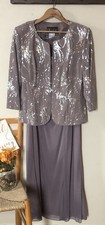 Alex Evenings Sz 12 2-pc Taupe Dress Silver Sequins 3/4 Sleeve 1-Button Jacket