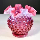 VTG Fenton Cranberry Opalescent Hobnail Ruffled Vase Rose Bowl Art Glass 4 1/2"