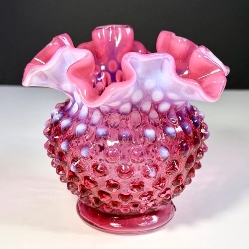 VTG Fenton Cranberry Opalescent Hobnail Ruffled Vase Rose Bowl Art Glass 4 1/2"