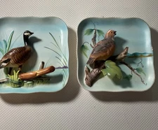 Pair 2 Vintage Napco Ceramic 3D Relief Bisque Wall Plaques Geese Quail 5" Square