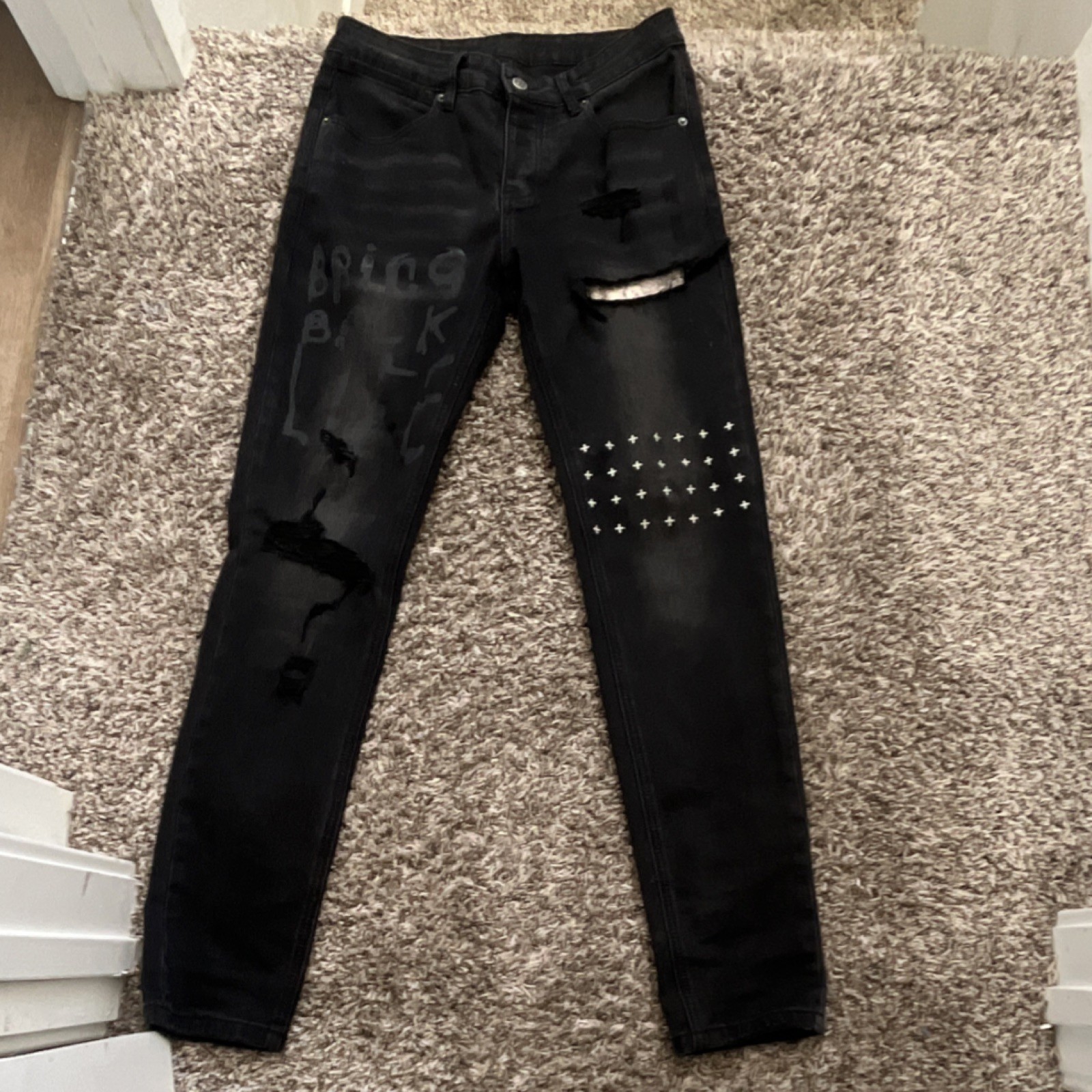 NEW KSUBI Men's Black Letter Printing Ripped Pants High Stre