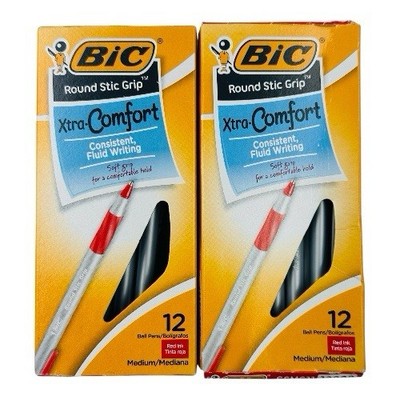 24 Pens BIC Round Stic Grip Red Ink Ballpoint Pen Xtra Comfort Medium Point