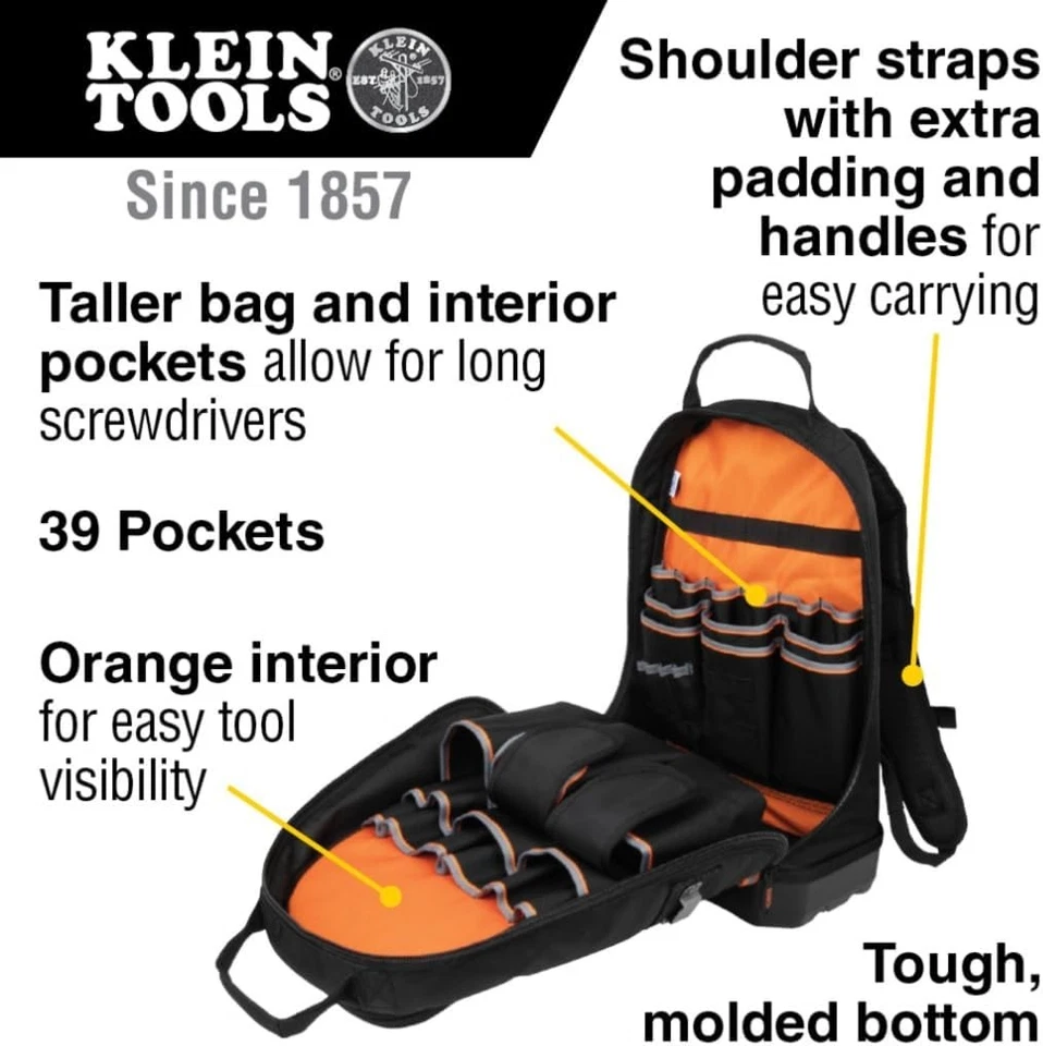 Klein Tools 55421BP-14 Tool Backpack, Heavy Duty Large, Black/Orange/Gray - Image 3 of 4
